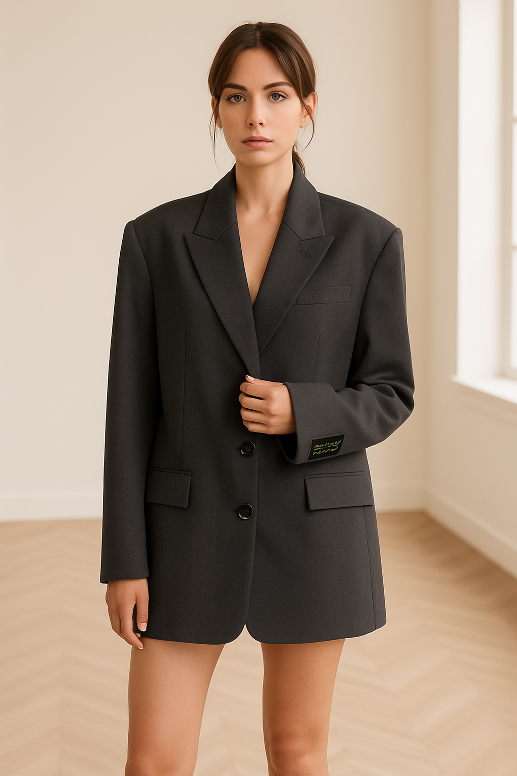 Oversized donkergrijze damesblazer met 'Best Feel' patch op de mouw, gestyled met een witte cropped top en spijkerrokje ‚Äì trendy streetstyle look voor moderne vrouwen
