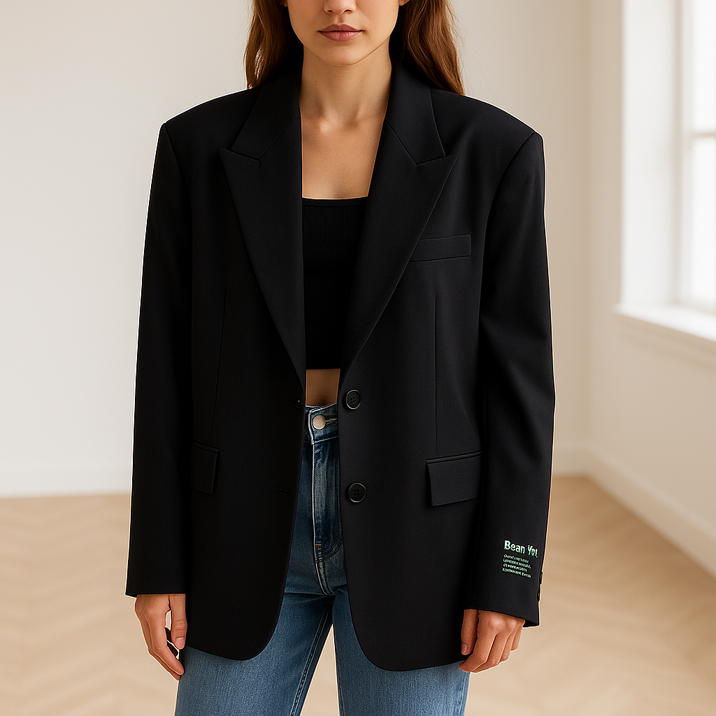 Oversized zwarte damesblazer met 'Best Feel' patch op de mouw, gestyled met een witte cropped top en spijkerrokje ‚Äì trendy streetstyle look voor moderne vrouwen