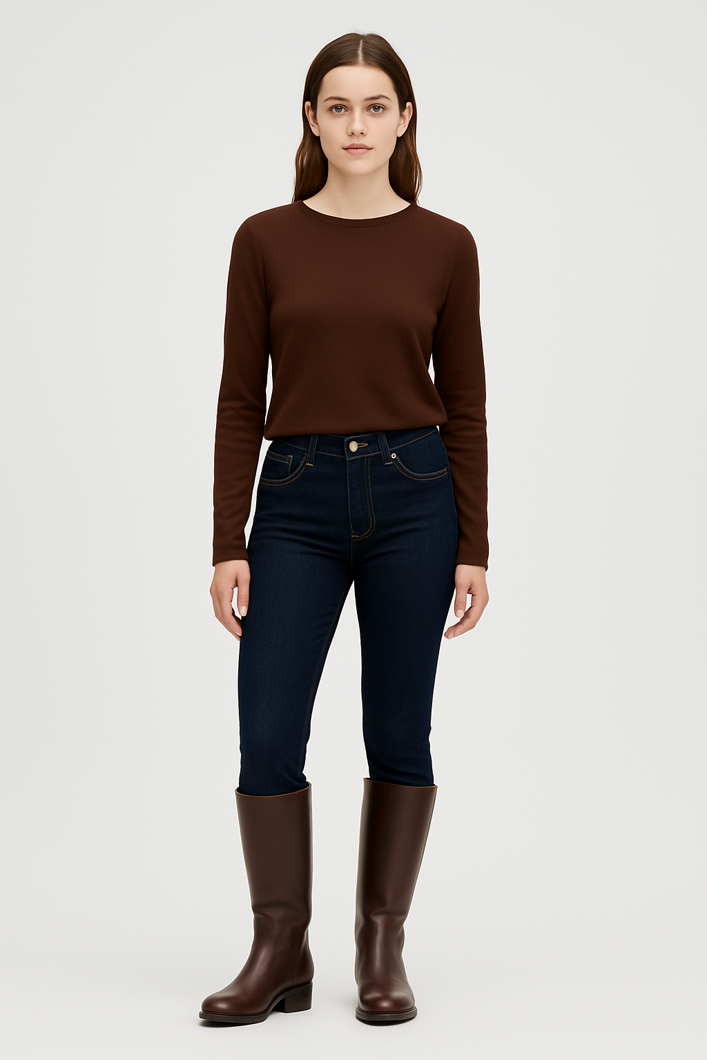 Woman wearing a brown long-sleeve top, dark blue jeans, and brown knee-high boots on a white background