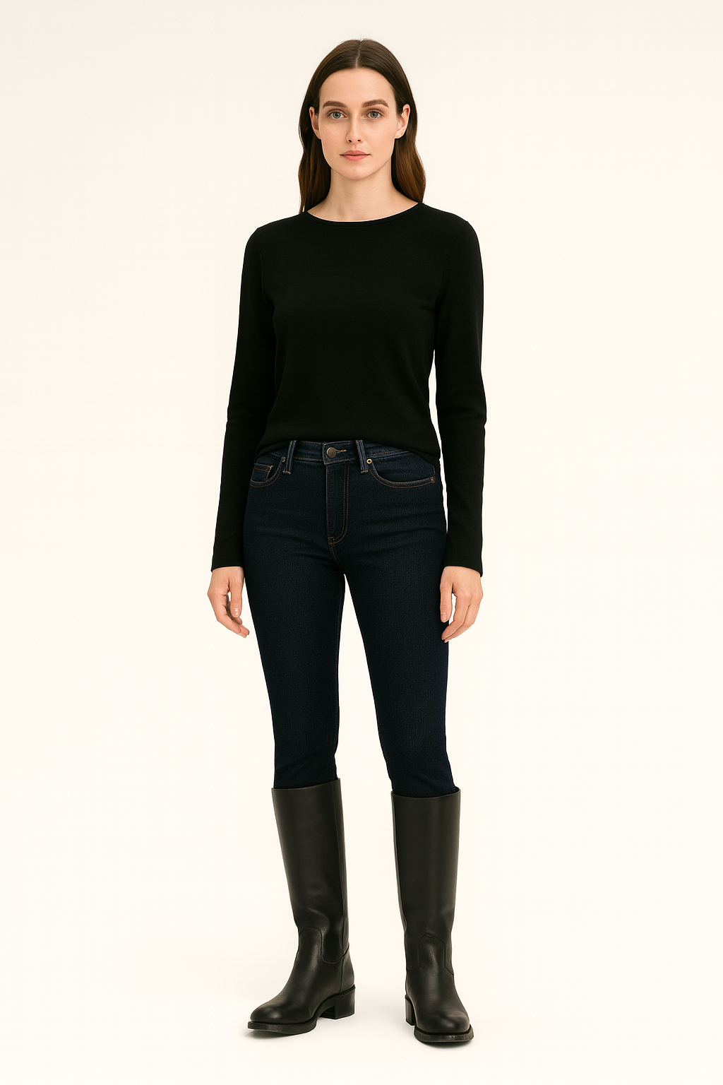 Woman wearing a black long-sleeve top and black jeans with black boots on a white background