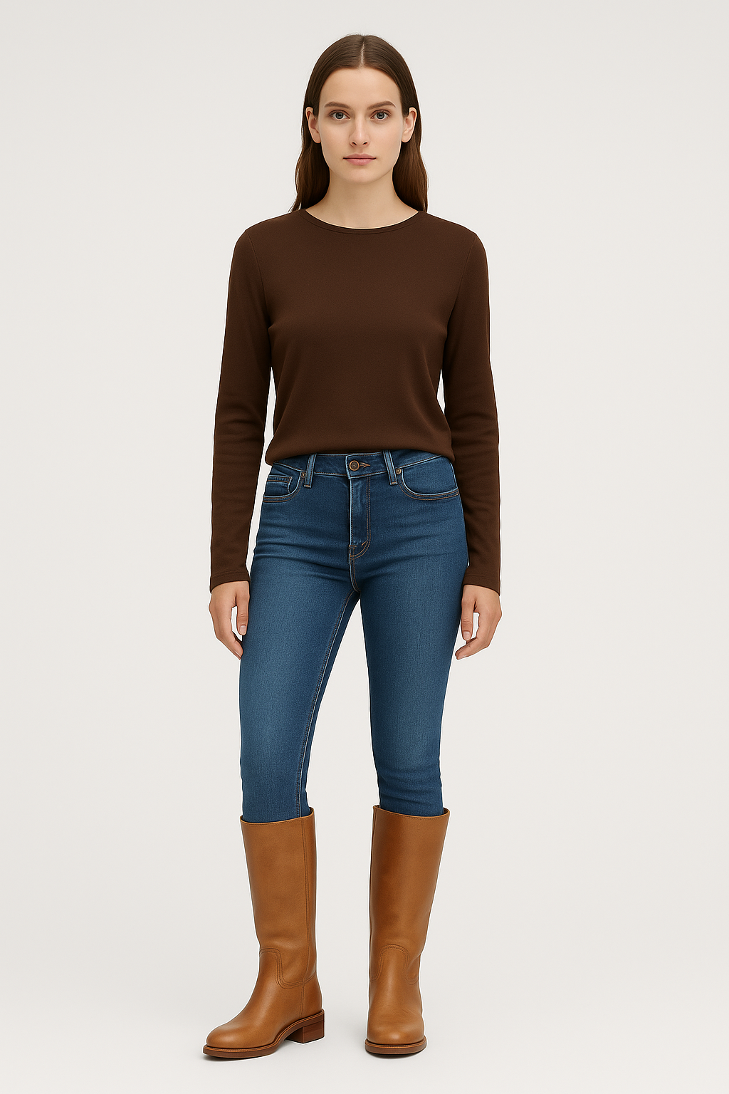 Woman wearing a brown sweater, blue jeans, and brown knee-high boots on a white background