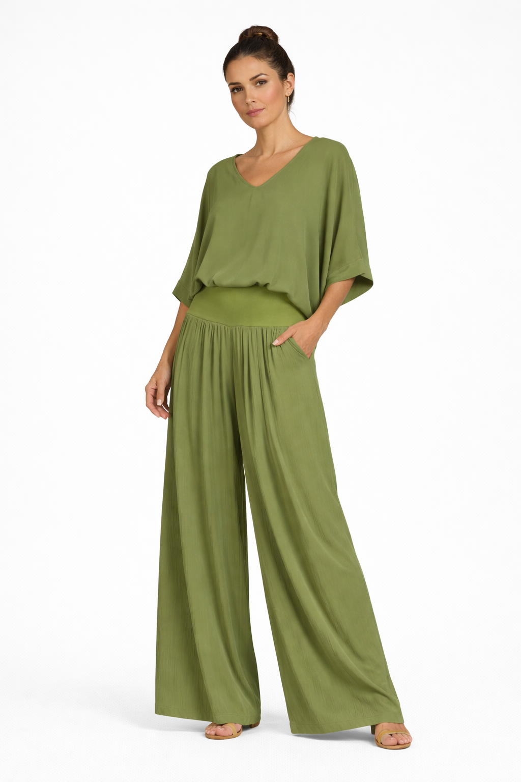 Anna Breathable Draped Top and Wide Leg Trousers Set for Women