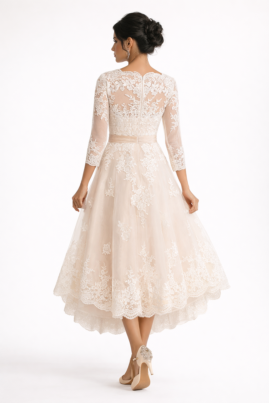 Amara A Line V Neck Asymmetrical Lace Wedding Dress With Three Quarter Sleeves