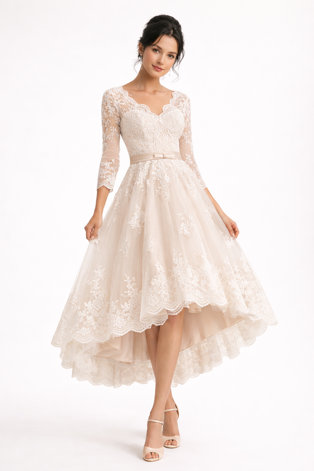 Amara A Line V Neck Asymmetrical Lace Wedding Dress With Three Quarter Sleeves