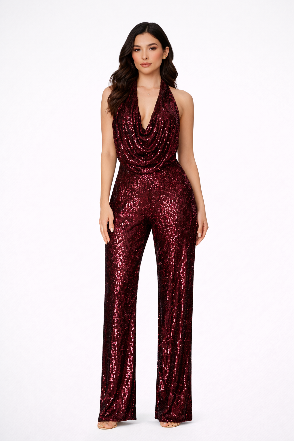 Charlotte Womens Sequin Cowl Neck Jumpsuit