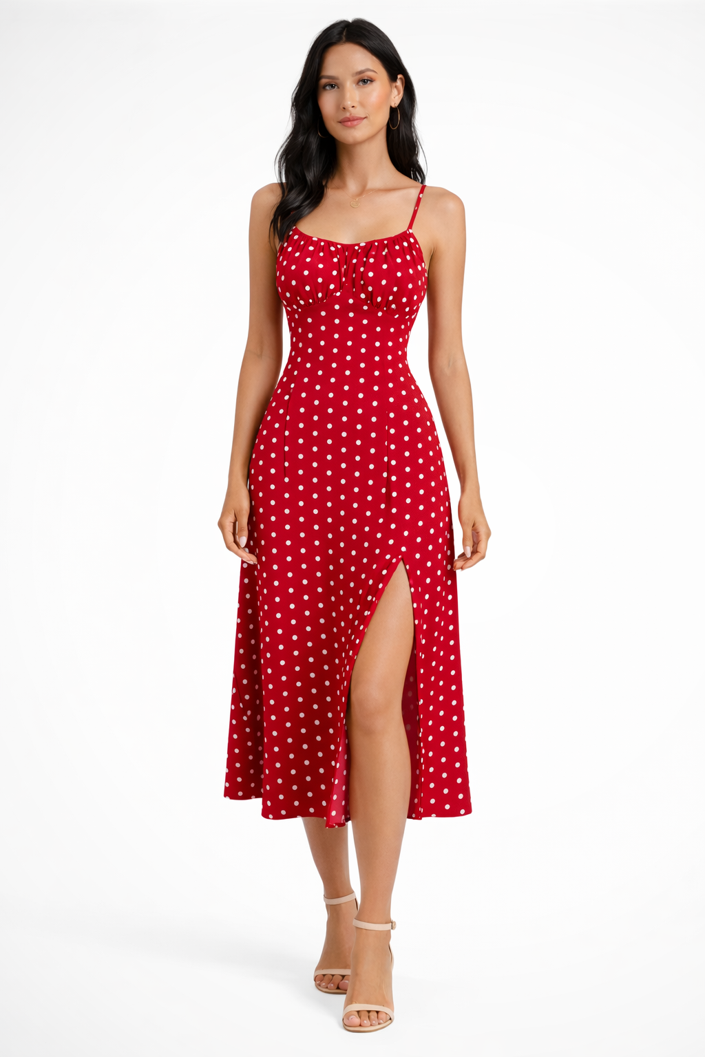 Elise Polka Dot Floral Midi Dress with Side Slit