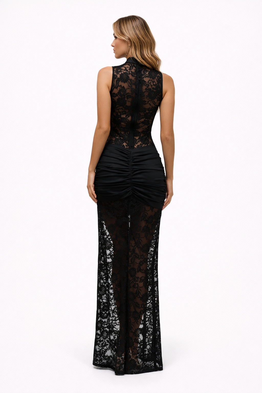 Evie High Neck Lace Maxi Dress with Side Slit and Keyhole Detail