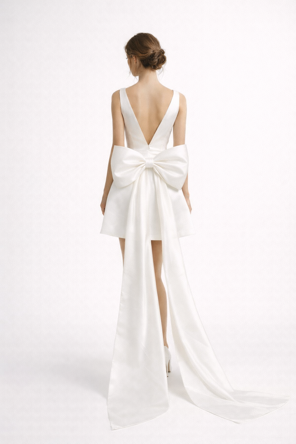 Florence A-Line V-Neck Mini Satin Wedding Dress With Bow Detail And Train
