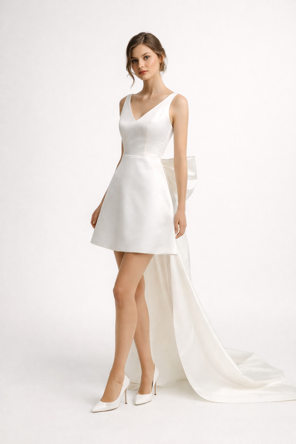 Florence A-Line V-Neck Mini Satin Wedding Dress With Bow Detail And Train