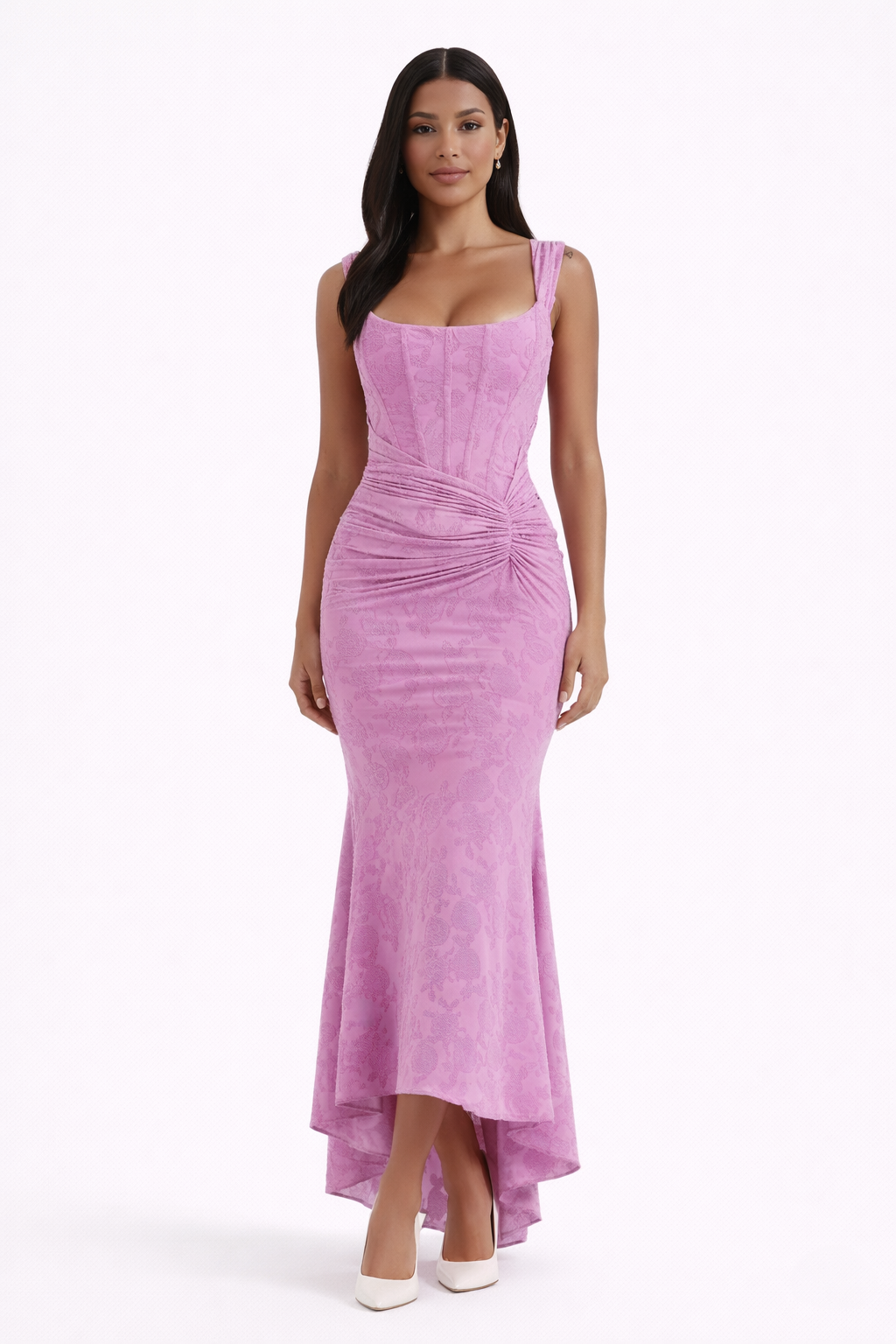 Grace Structured Corset Midi Dress with Ruched Waist and High Low Hem