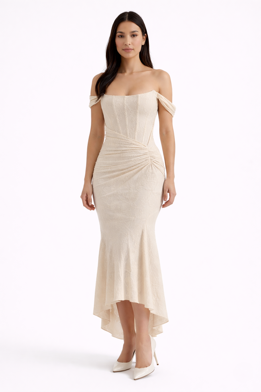 Grace Structured Corset Midi Dress with Ruched Waist and High Low Hem