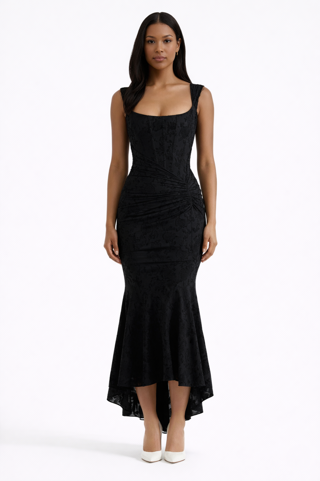 Grace Structured Corset Midi Dress with Ruched Waist and High Low Hem