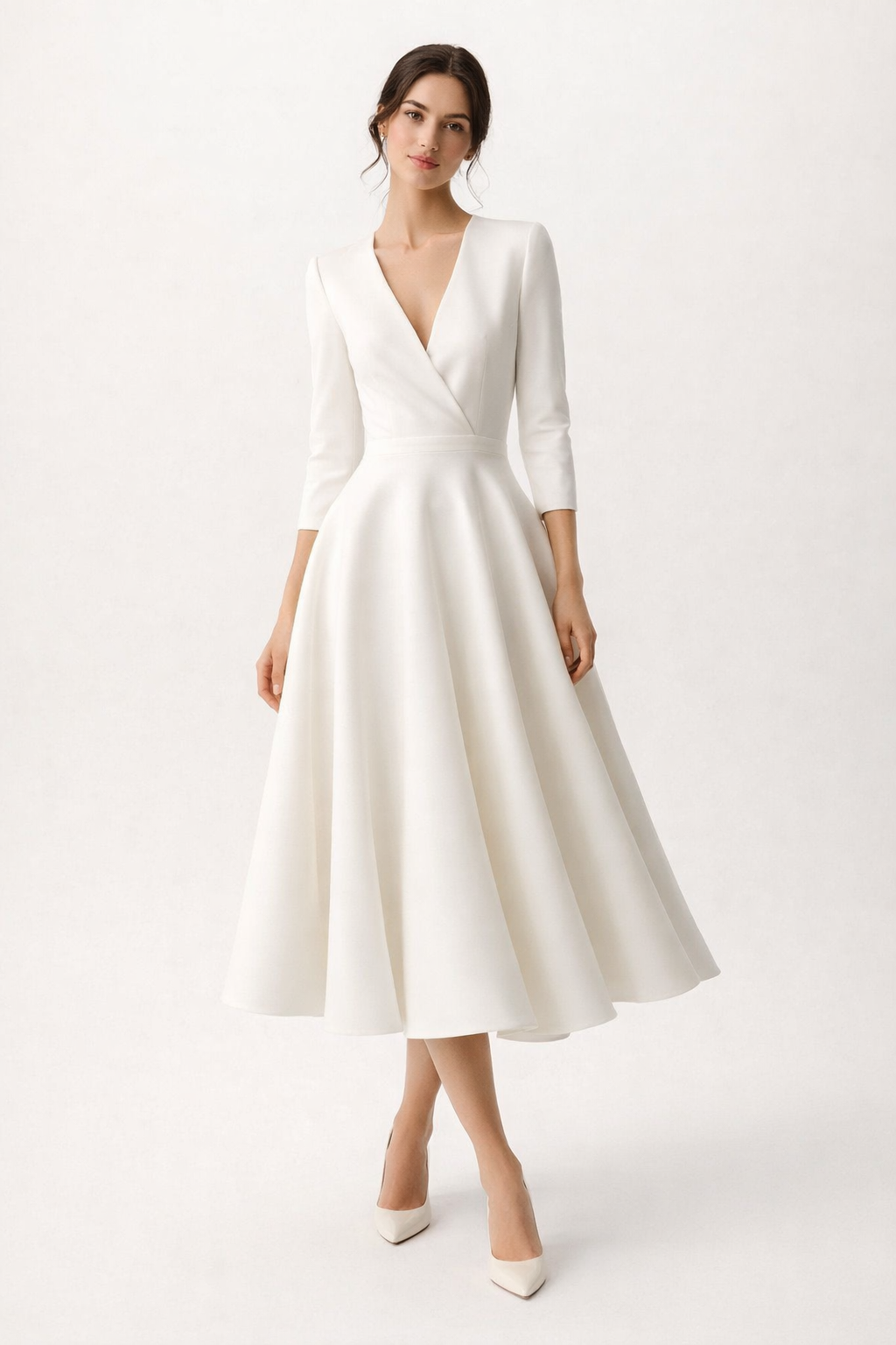 Isabella A-Line V-Neck Tea-Length Satin Wedding Dress With Draped Waist