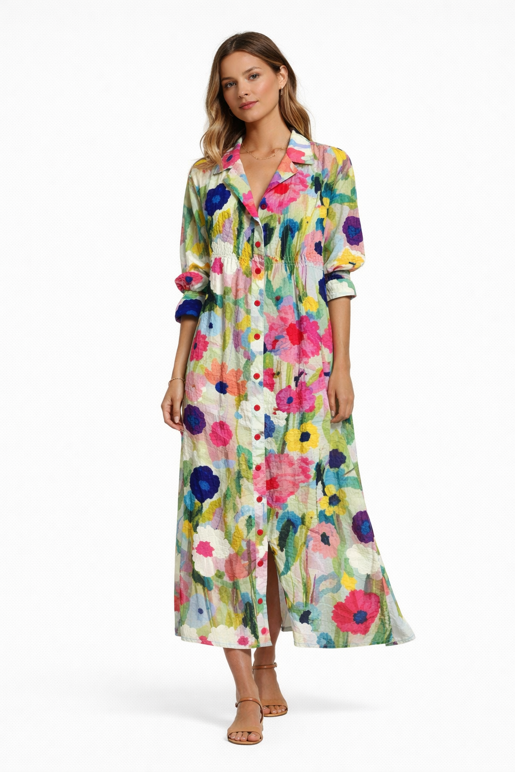 Jolene Boho Floral Maxi Dress with Button Front and V-Neck