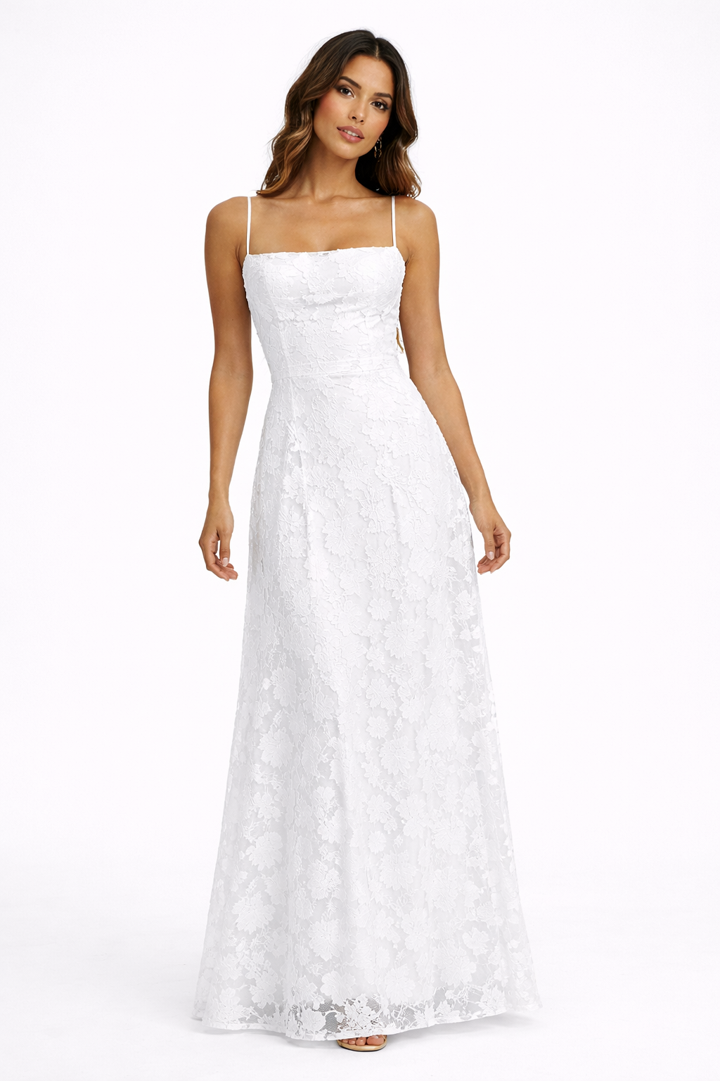 Woman wearing a white strapless lace lay-over dress for special occasions on a white background