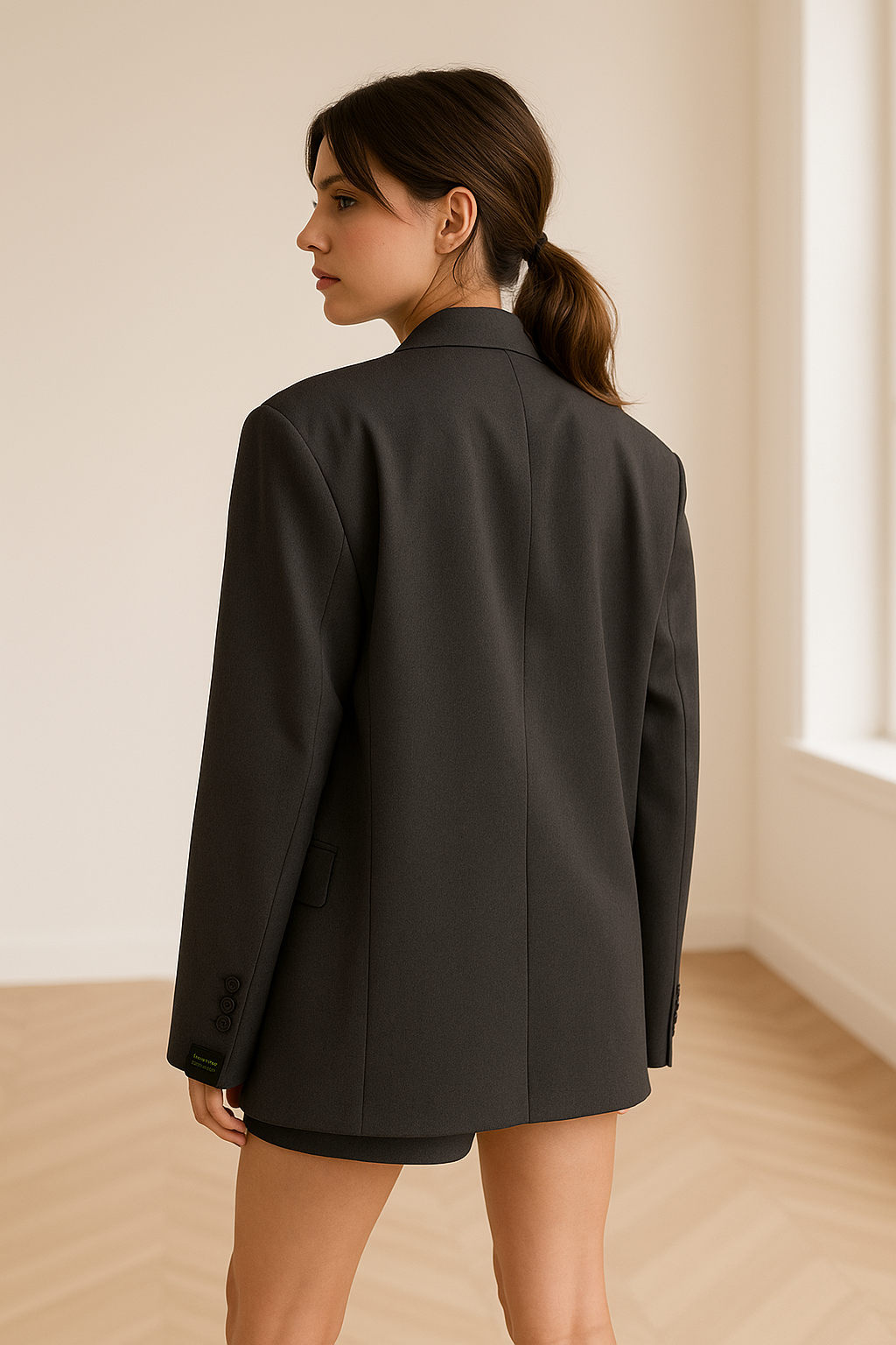 Oversized donkergrijze damesblazer met 'Best Feel' patch op de mouw, gestyled met een witte cropped top en spijkerrokje ‚Äì trendy streetstyle look voor moderne vrouwen