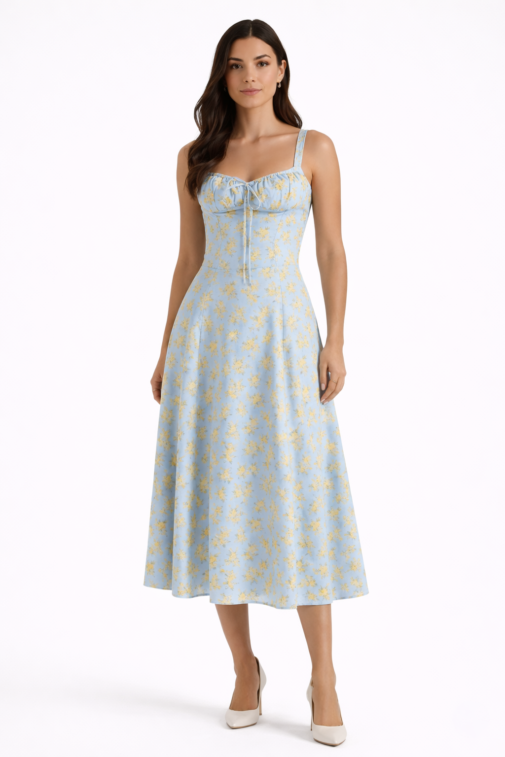 Valentina Floral Milkmaid A-Line Midi Sundress with Corset Waist and Tie Front