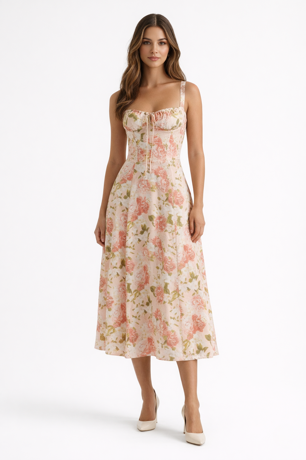 Valentina Floral Milkmaid A-Line Midi Sundress with Corset Waist and Tie Front