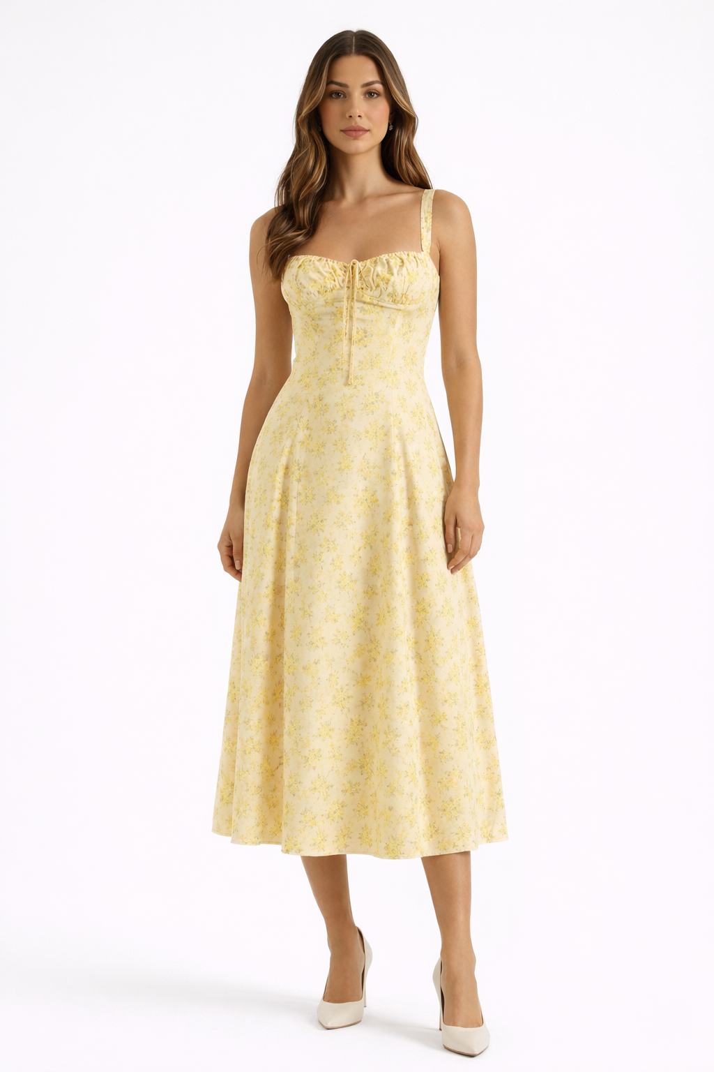 Valentina Floral Milkmaid A-Line Midi Sundress with Corset Waist and Tie Front