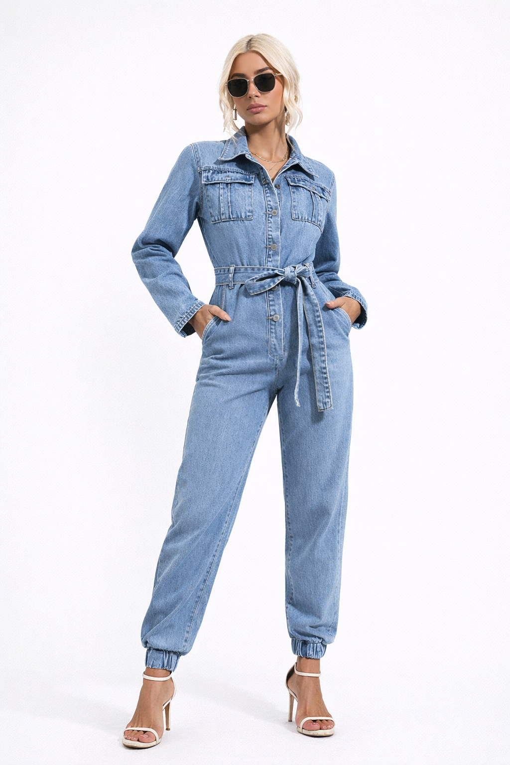 Vespera Womens Denim Jumpsuit