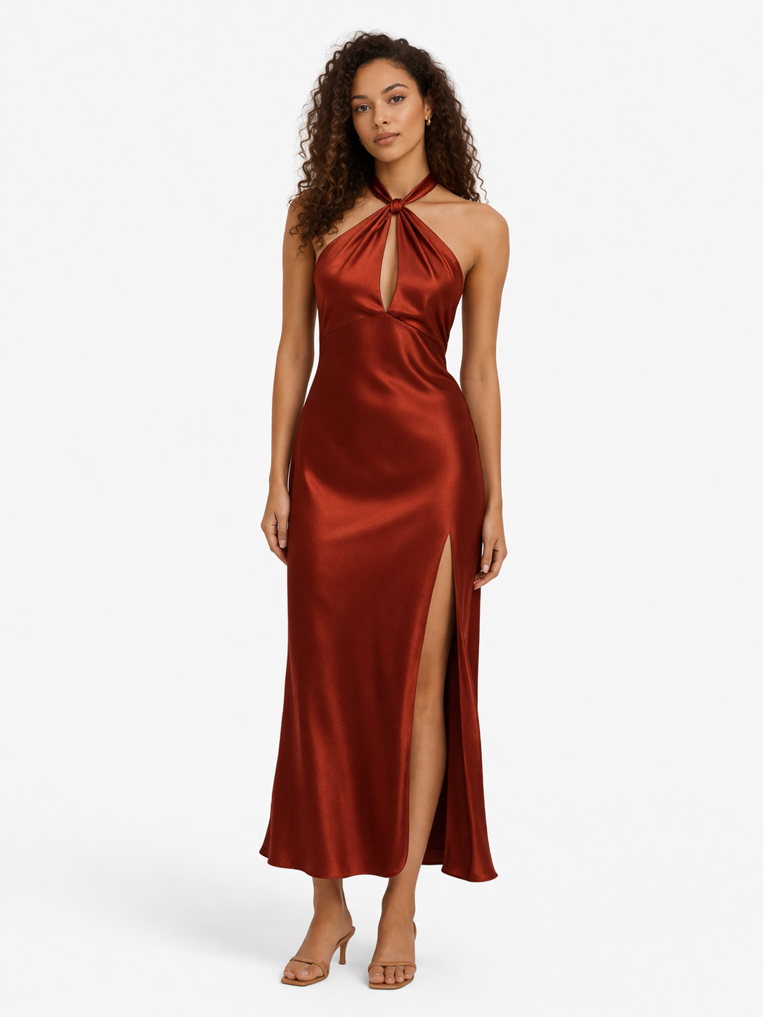 Willow Halter Satin Maxi Dress with Keyhole Detail and Side Slit